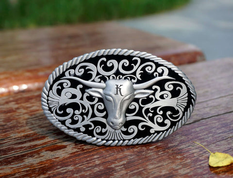 Personalized Long Horns Belt Buckle with long horns, retro branch pattern. Custom monogram Belt Buckle for him, Groomsman-1