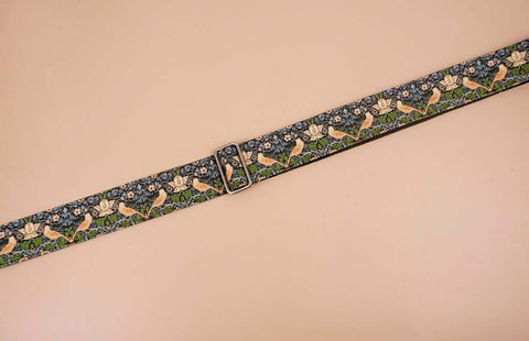 bird and flowers printed vintage guitar strap-detail-1