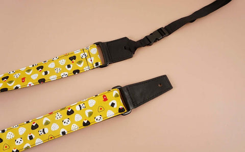 panda and sushi leather ends yellow ukulele shoulder strap-detail-1