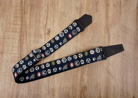 Anime cat design on blue guitar strap with leather ends-2