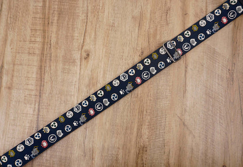 Anime cat design on blue guitar strap with leather ends-7