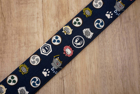 Anime cat design on blue guitar strap with leather ends-5