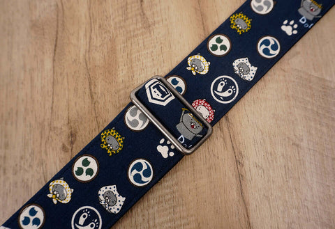 Anime cat design on blue guitar strap with leather ends-6