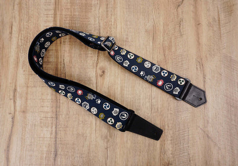 Anime cat design on blue guitar strap with leather ends-4