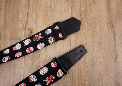 Japanese Daruma Devil guitar strap with leather ends-7
