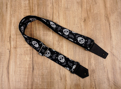 Sugar Skull guitar strap with leather ends-2