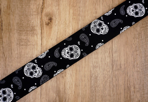 Sugar Skull guitar strap with leather ends-5