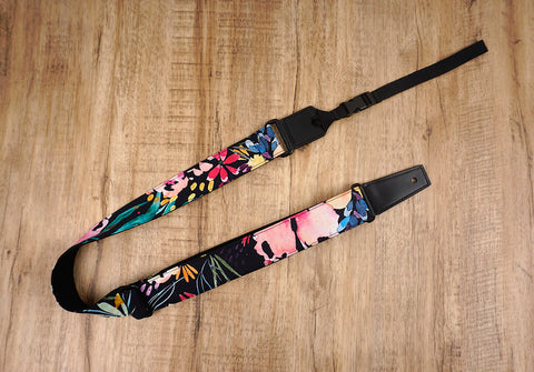 Watercolor nature ukulele shoulder strap with leather ends-2