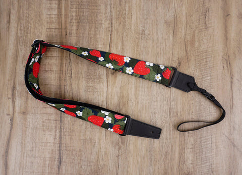 strawberry and flower ukulele shoulder strap with leather ends-2