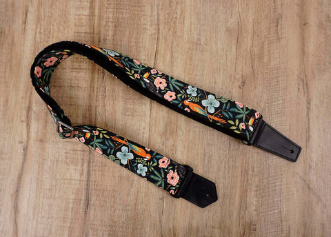 bird rose floral guitar strap with leather ends -2