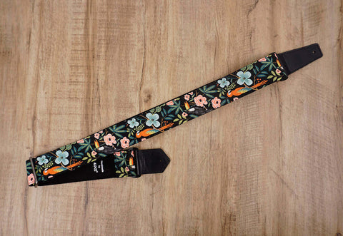 bird rose floral guitar strap with leather ends -3