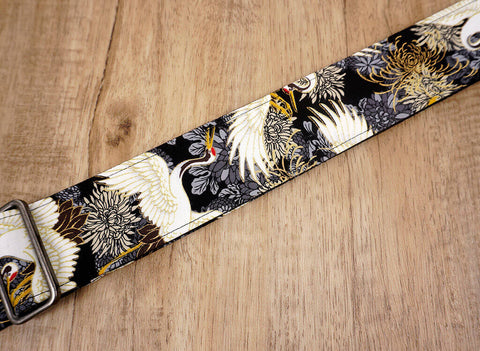 black crane and chrysanthemums printed vintage guitar strap with leather ends-3