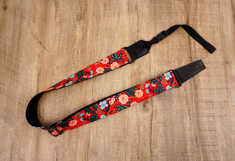 red rose ukulele shoulder strap with leather ends-1