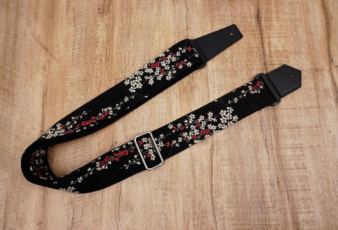 guitar strap with Weeping Cherry blossom printed on black