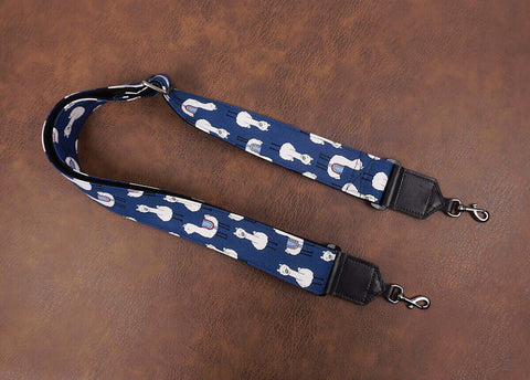 cute blue llama banjo strap with leather ends and hook, also can be used as purse guitar strap-3
