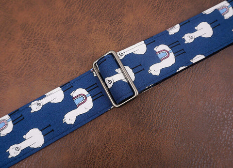 cute blue llama banjo strap with leather ends and hook, also can be used as purse guitar strap-6