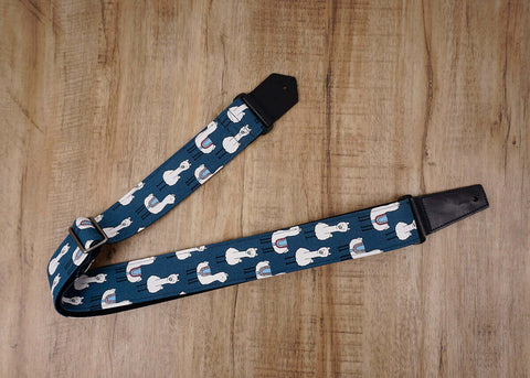 blue llama funny guitar strap with leather ends-2