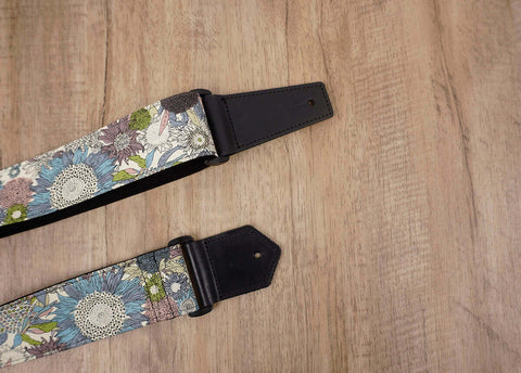 art blue sunflower guitar strap for girls with leather ends-3