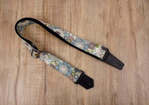 art blue sunflower guitar strap for girls with leather ends-2