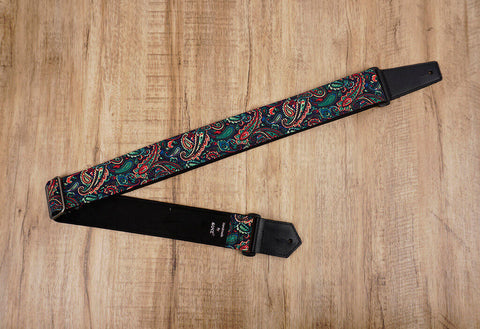 Boho paisley guitar strap with leather ends-2