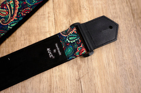 Boho paisley guitar strap with leather ends-5