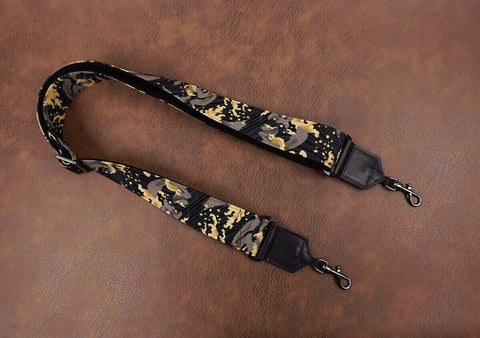 vintage brown wave fabric banjo strap with leather ends and hook, can also be used as purse guitar strap-4