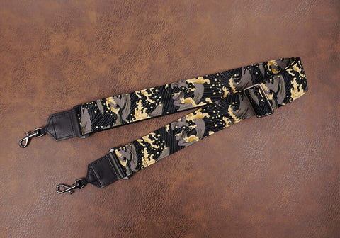 vintage brown wave fabric banjo strap with leather ends and hook, can also be used as purse guitar strap-3