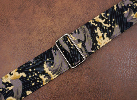 vintage brown wave fabric banjo strap with leather ends and hook, can also be used as purse guitar strap-6