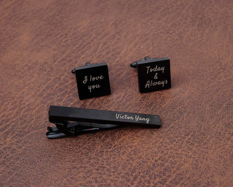 Custom engraved Black Square Cufflinks & Tie clip set-4