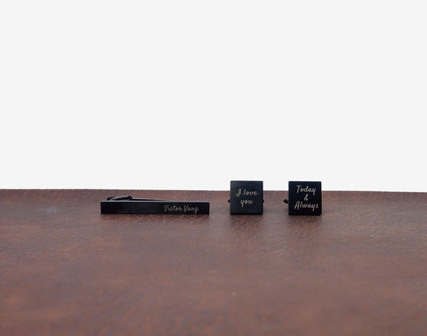 Custom engraved Black Square Cufflinks & Tie clip set-1