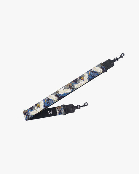 crane and chrysanthemums banjo strap with leather ends and hook, can also be used as purse guitar strap -1