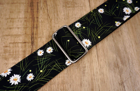 White Daisy floral guitar strap with leather ends-6