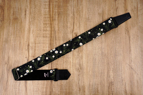 White Daisy floral guitar strap with leather ends-7