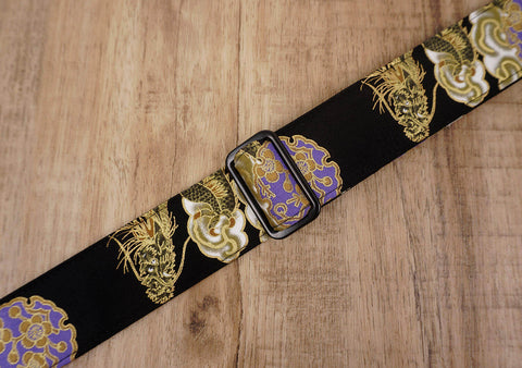 Gold dragon ukulele strap with leather ends-5