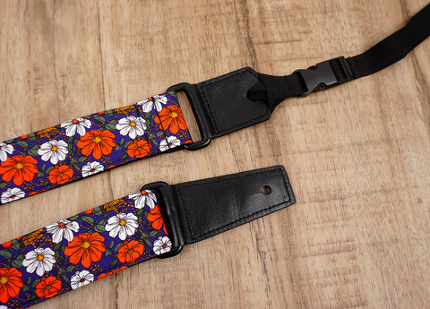 red flowers floral ukulele shoulder strap with leather ends-3