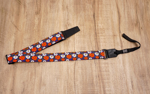 red flowers floral ukulele shoulder strap with leather ends-6