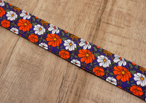 red flowers floral ukulele shoulder strap with leather ends-8