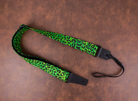 Green leopard print ukulele shoulder strap with leather ends-2