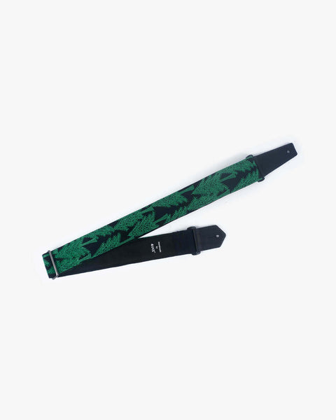 green trees embroidered guitar strap with leather ends -1