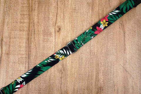 Hawaiian leaf and flower ukulele shoulder strap with leather ends-3