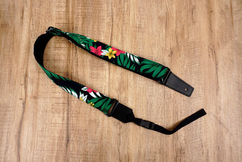 Hawaiian leaf and flower ukulele shoulder strap with leather ends-2