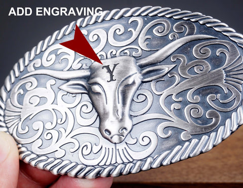 Personalized Long Horns Silver Plated Belt Buckle with long horns, retro branch pattern. Custom monogram Belt Buckle for him, Groomsman-2
