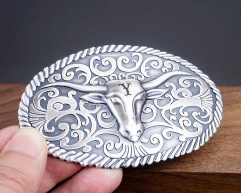 Personalized Long Horns Silver Plated Belt Buckle with long horns, retro branch pattern. Custom monogram Belt Buckle for him, Groomsman-3