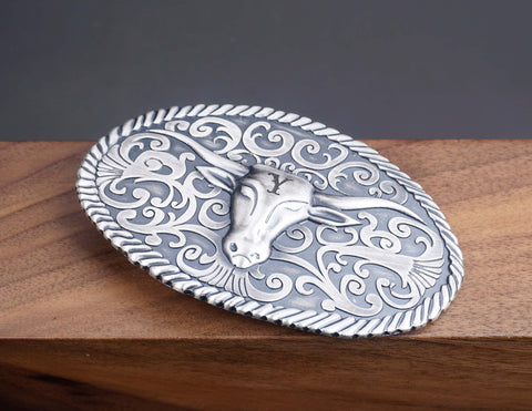 Personalized Long Horns Silver Plated Belt Buckle with long horns, retro branch pattern. Custom monogram Belt Buckle for him, Groomsman-6