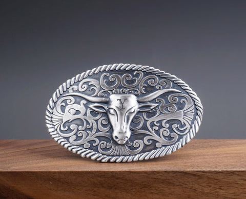 Personalized Long Horns Silver Plated Belt Buckle with long horns, retro branch pattern. Custom monogram Belt Buckle for him, Groomsman-7