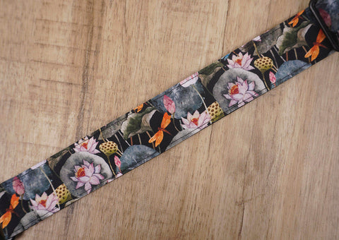 Lotus flower ukulele shoulder strap with leather ends-7