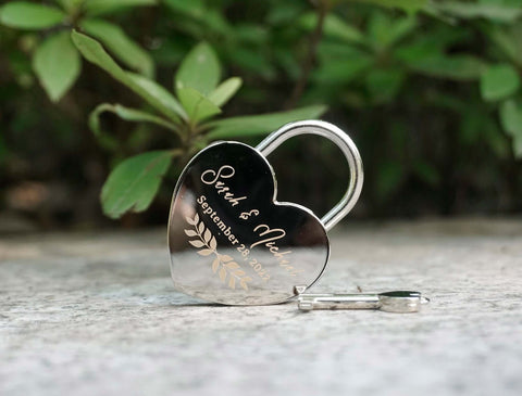 This custom engraved Heart Love Lock with Key, has two colors option,We offer personalized engraving of love locks plus various monograms to match your theme.-1