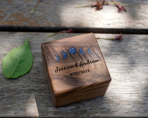 Personalized Moon Phases Wood Ring Box for Double Ring , Ring Bearer Pillows Box for Wedding Ceremony, Rustic Proposal Engagement Ring Box-2