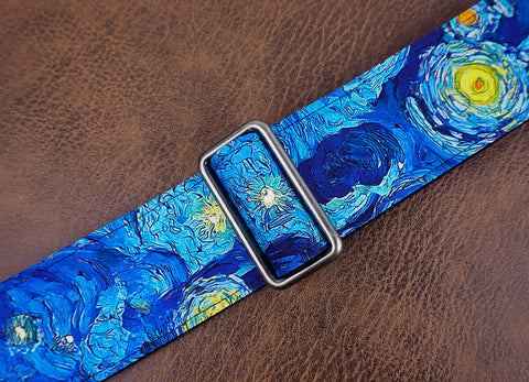 Van Gogh Starry Night guitar strap with leather ends-4