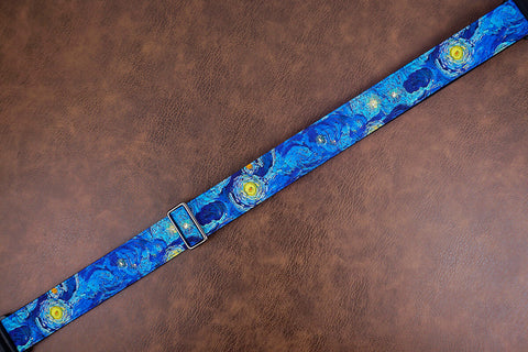 Van Gogh Starry Night guitar strap with leather ends-5
